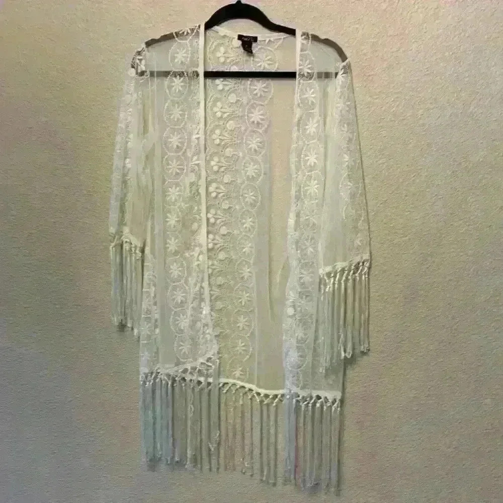 White Lace embroidered fringe cardigan sz XS bohemian concert country festival